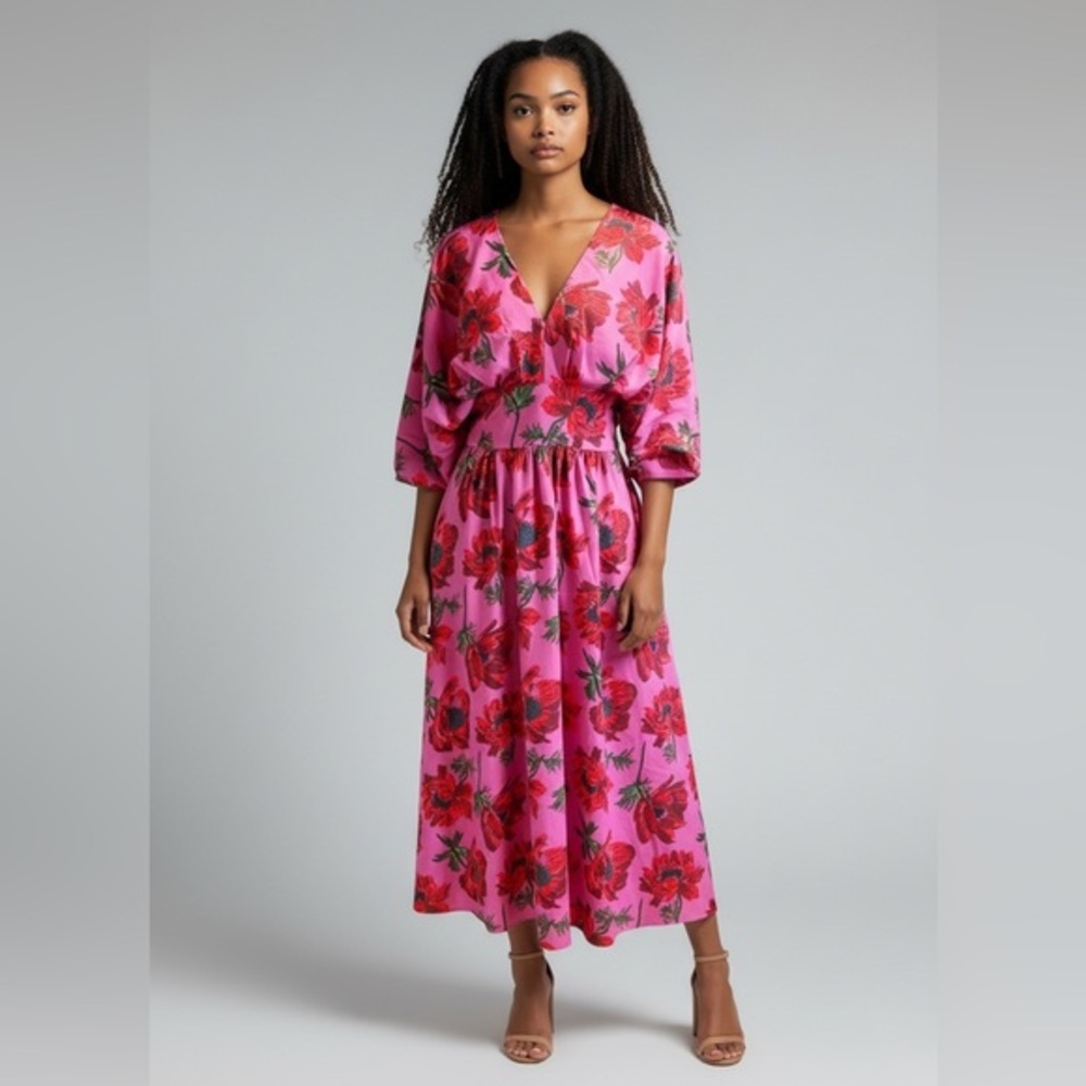 Alexia Admor Pink Floral Midi Dress with Red Blooms